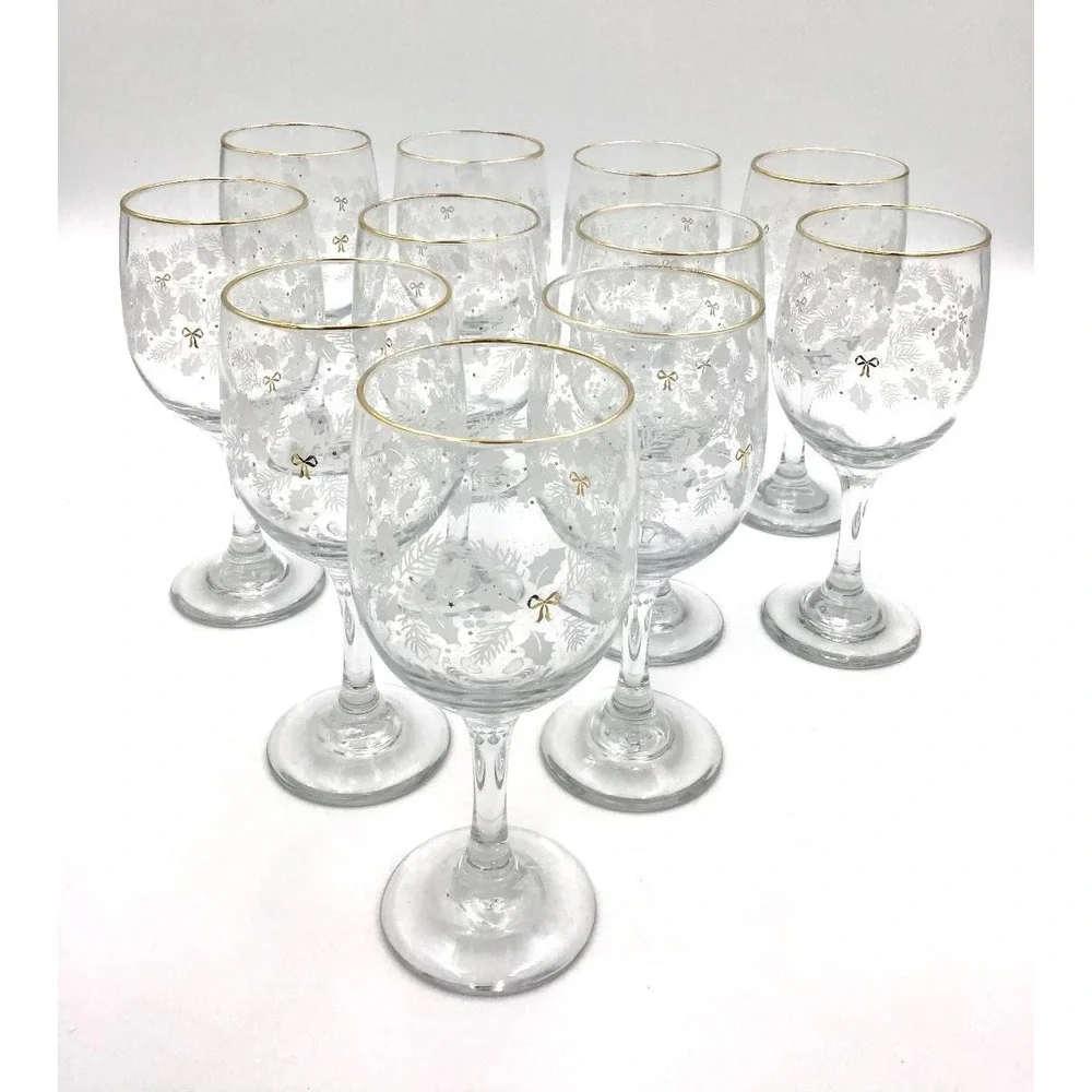 VTG (11) Libbey Arby's Christmas Holiday Wine Glasses Holly Berry Gold Rim 7